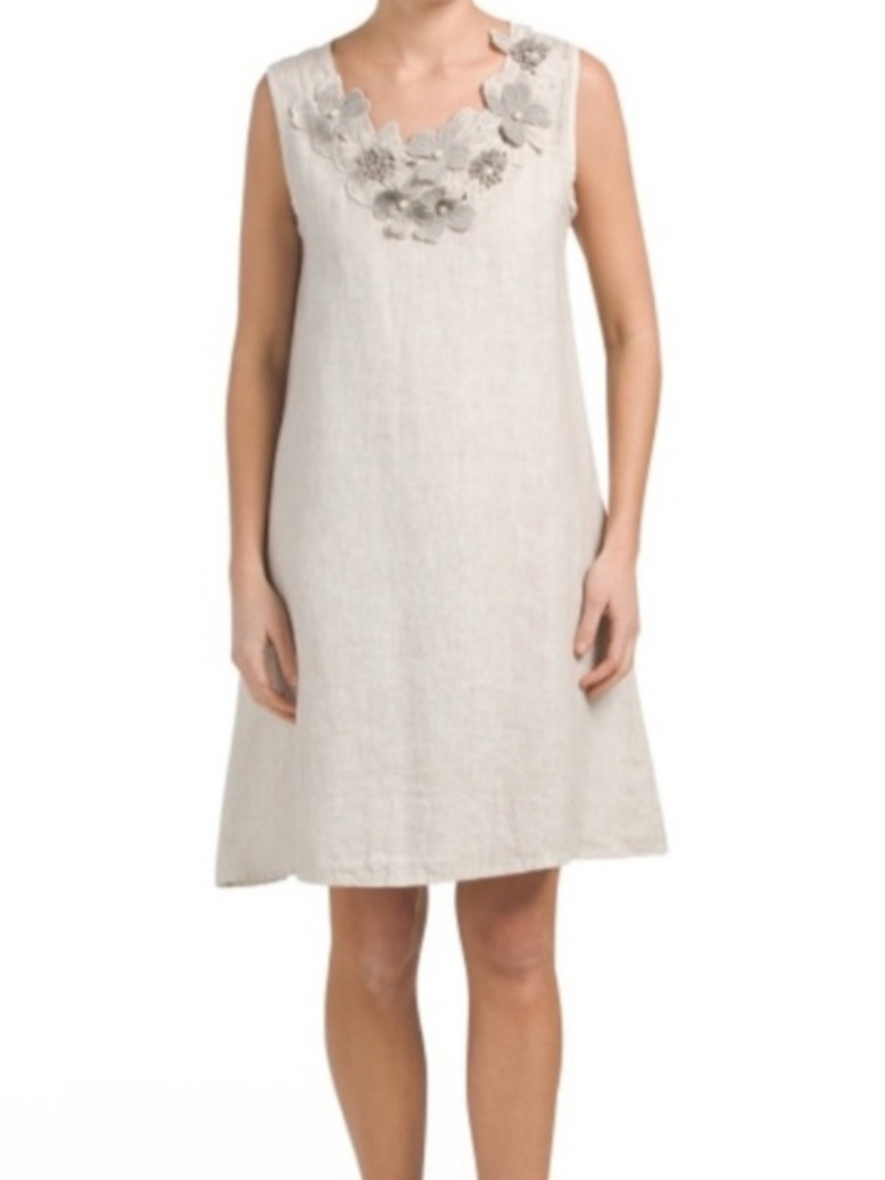 Sleeveless Beige Floral-Appliqué Linen Mini Dress